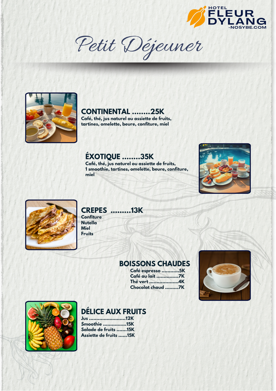 Carte Petit déjeuner — Restaurant Fleur d'Ylang
